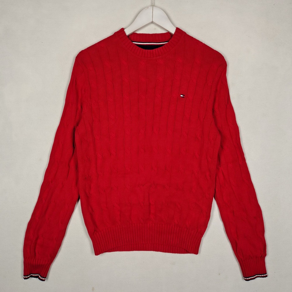Tommy Hilfiger Mens XS Red Cable Knit Cotton Crewneck Sweater Flag Logo